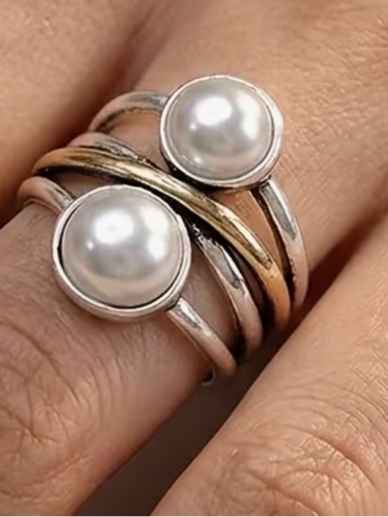 Source Unknown Jewelry - Source Unknown Two-Pearl Mixed Metal Stack Ring - White Pearls B